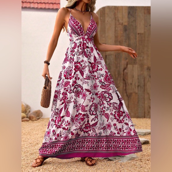 Criss cross boho gypsy floral maxi dress v neck backless orange white - Picture 4 of 7